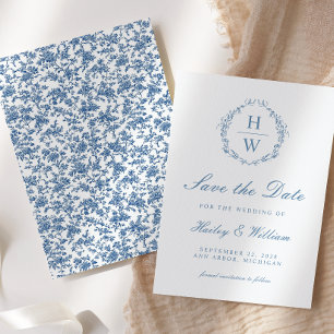 Victoriaanse bloemens toile blauwe huwelijksaankon save the date