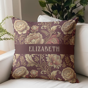 Victoriaanse bloemenschintz monogram naam bordeaux kussen