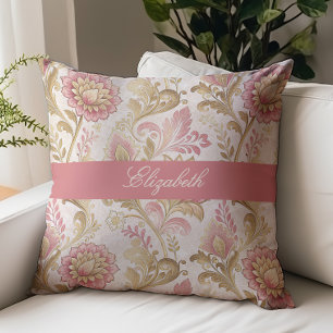 Victoriaanse bloemrijke script monogram naam roze kussen
