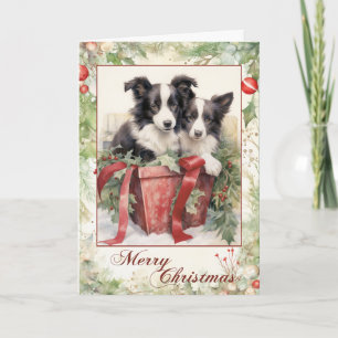 Victoriaanse Border Collie Puppy Kerstmis Feestdagen Kaart