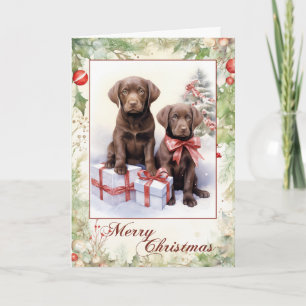 Victoriaanse Chocolade Labradors Puppy Kerstmis Feestdagen Kaart