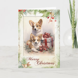 Victoriaanse Corgi Puppy Kerstmis Feestdagen Kaart