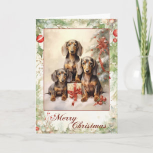 Victoriaanse Dachshund Puppy Kerstmis Feestdagen Kaart