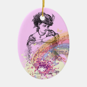 Victoriaanse Dame Muziek ColorSplashRoze Ovaal Orn Keramisch Ornament
