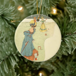 Victoriaanse Dames Croquet Antieke Tuinfeest Keramisch Ornament