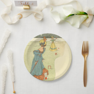Victoriaanse Dames Croquet Antieke Tuinfeest Papieren Bordje