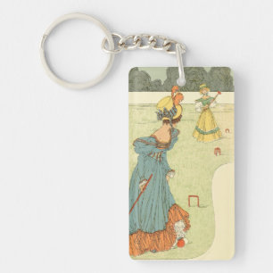 Victoriaanse Dames Croquet Antieke Tuinfeest Sleutelhanger