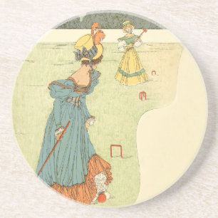 Victoriaanse Dames Croquet Antieke Tuinfeest Zandsteen Onderzetter