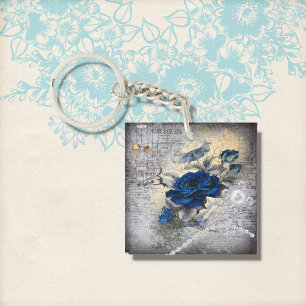 Victoriaanse donkerblauwe roos Ephemera Sleutelhanger