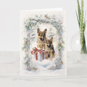 Victoriaanse Duitse Herdershond Puppy Kerstmis Feestdagen Kaart