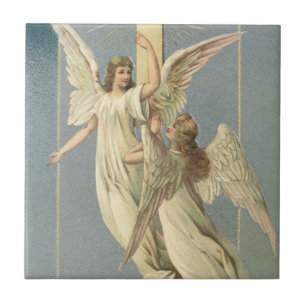 Victoriaanse engelen met een kruis, vintage Pasen Tegeltje