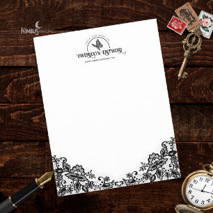 Victoriaanse Gotische Zwarte Kant en Vlinder Brief Briefhoofd