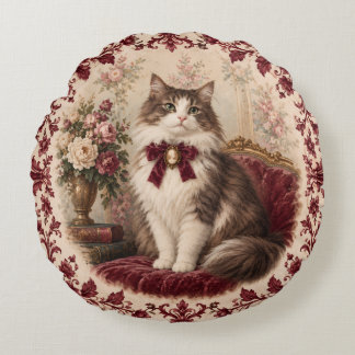 Victoriaanse kattenportret bordeauxrood bloemmotie rond kussen