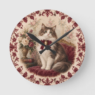 Victoriaanse kattenportret bordeauxrood bloemmotie ronde klok