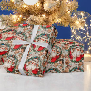 Victoriaanse Kerstman aan de telefoon met kinderen Cadeaupapier