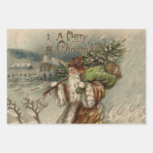 Victoriaanse Kerstman met kerstboom Inpakpapier Vel
