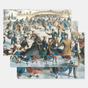 Victoriaanse Kerstmis Central Park Currier & Ives Inpakpapier Vel