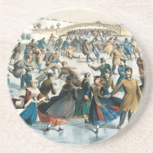 Victoriaanse Kerstmis Central Park Currier & Ives Zandsteen Onderzetter