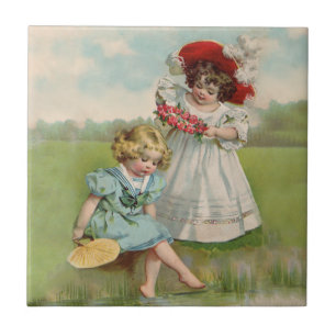 Victoriaanse Kinderen Vintage Zomer Meisjes Tuin Tegeltje