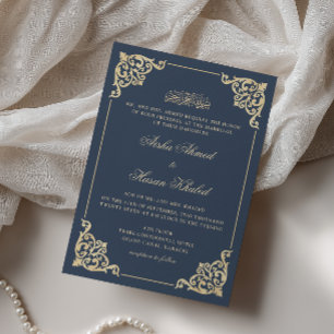 Victoriaanse lijst Navyblauw Goud Moslim Bruiloft Kaart