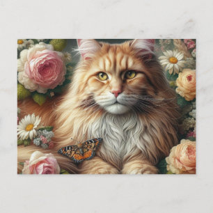 Victoriaanse Maine Coon Kat met Roze Rozen  Briefkaart