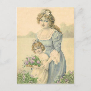 Victoriaanse moeder en dochter plukken bloemen Moe Briefkaart