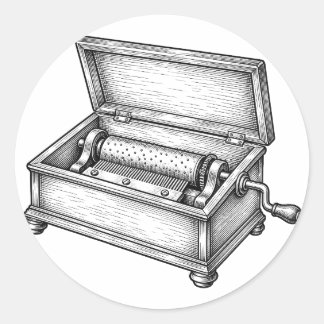 Victoriaanse muziekdoos graveerwerk vintage antiek ronde sticker