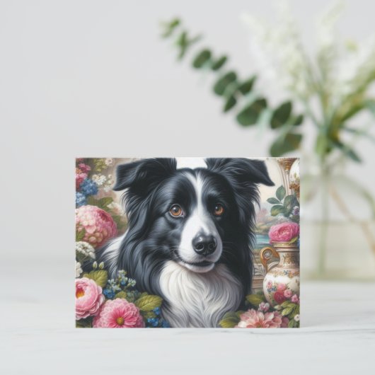 Victoriaanse Roze Rozen Border Collie Ansichtkaart Briefkaart (Staand voorkant)