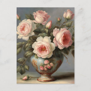 Victoriaanse roze rozen in een vaas briefkaart