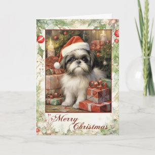 Victoriaanse Shih Tzu Puppy Kerstmis Feestdagen Kaart