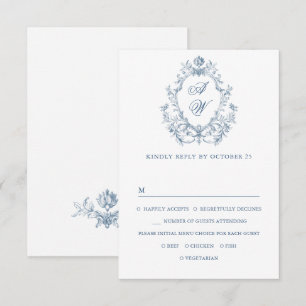 Victoriaanse sierlijke bloemrijke stoffige blauwe RSVP kaartje