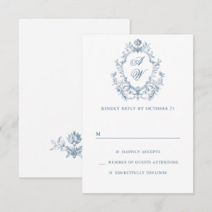Victoriaanse sierlijke elegantie bloemstof blauwe RSVP kaartje