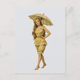 Victoriaanse strandmeisje met parasol gele strepen briefkaart