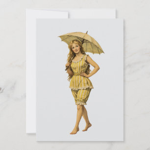 Victoriaanse strandmeisje met parasol gele strepen notitiekaartje