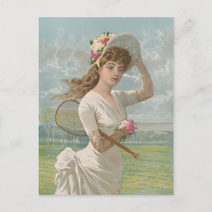 Victoriaanse Tennisdame met Gebloemde Hoed Antiek Briefkaart