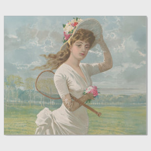 Victoriaanse Tennisdame met Gebloemde Hoed Antiek Cadeaupapier