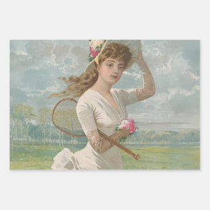 Victoriaanse Tennisdame met Gebloemde Hoed Antiek Inpakpapier Vel