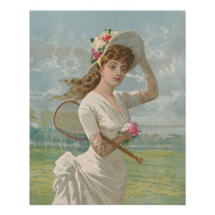 Victoriaanse Tennisdame met Gebloemde Hoed Antiek Perfect Poster