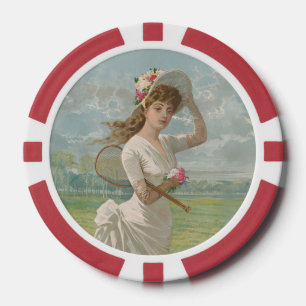 Victoriaanse Tennisdame met Gebloemde Hoed Antiek Poker Chips