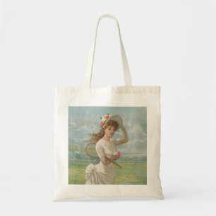 Victoriaanse Tennisdame met Gebloemde Hoed Antiek Tote Bag