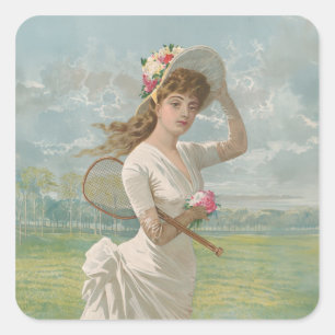 Victoriaanse Tennisdame met Gebloemde Hoed Antiek Vierkante Sticker