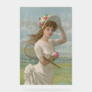 Victoriaanse Tennismadam Met Gebloemde Hoed Antiek Acryl Bord