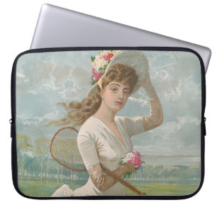 Victoriaanse Tennismadam Met Gebloemde Hoed Antiek Laptop Sleeve