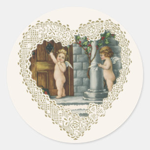 Victoriaanse Valentijnsdag, antieke engelen met br Ronde Sticker