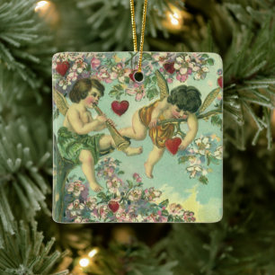 Victoriaanse Valentijnsdag Cupido's Vintage Hart B Keramisch Ornament