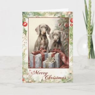 Victoriaanse Weimaraner Puppy Kerstmis Feestdagen Kaart