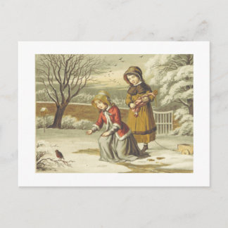 Victoriaanse winterkinderen voeren roodborst (1853 feestdagenkaart