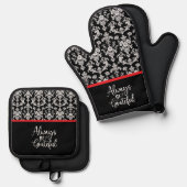 Victorian Black and White Damask Pattern Ovenwant & Pannenlap Set (Voorkant / Achterkant)