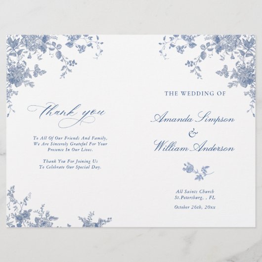 Victorian Blue Floral Mariage Cérémonie Programme (Devant)