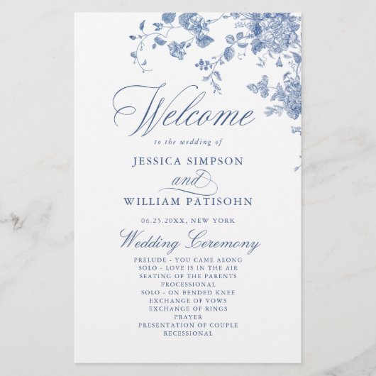 Victorian Blue Floral Mariage Cérémonie Programme (Devant)